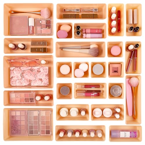 Vtopmart 25 Pack Plastic Drawer Organizers with Non-slip Rubber Pads | 4-Size Versatile Makeup Organizer, Storage Containers Small Bins for Makeup, Jewelries, Bedroom, Kitchen Utensils and Office - color: Orange