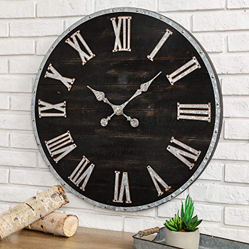 Glitzhome Oversized Rustic Farmhouse Wooden and Galvanized Decorative Large Wall Clock for Home Decor, 27.56", Black