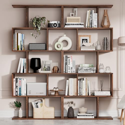 Set of 2 Geometric Bookcase, S-Shaped Modern Bookshelf, Room Divider Bookshelf, 62" Tall Unique Abstract Bookcase with 5-Tier Display Shelf for Living Room Office, Rustic Brown - color: Rustic Brown