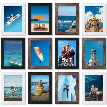 Vittanly 5x7 Picture Frames Set of 12, Wall & Tabletop, Black&Brown&White | Display Pictures 4x6 with Mat or 5x7 without Mat, Small Photo Frames, Engineered Wood with Shatter Resistant Plexiglass - color: Black&Brown&White, size: 5x7