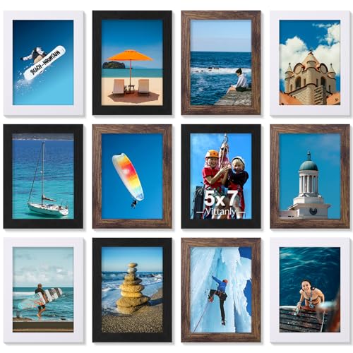 Vittanly 5x7 Picture Frames Set of 12, Wall & Tabletop, Black&Brown&White | Display Pictures 4x6 with Mat or 5x7 without Mat, Small Photo Frames, Engineered Wood with Shatter Resistant Plexiglass - color: Black&Brown&White, size: 5x7