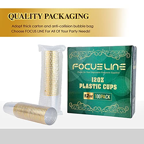 FOCUSLINE 100 Pack 12 oz Gold Rimmed Plastic Cups, 12 Ounce Clear Plastic Tumblers, Heavy-duty & Fancy Disposable Hard Cups with Gold Rim for Wedding - color: 12 oz Gold Rimmed
