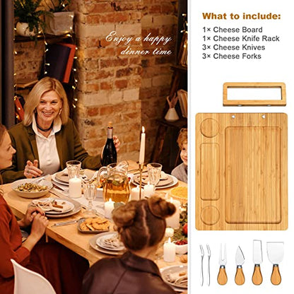 Bamboo Charcuterie Board Set with 4 Cheese Knives, Serving Platter | 4 stainless steel knives, cutting board. Ideal for parties, weddings, wine night, housewarming. - size: 14" x 11" x 0.6"