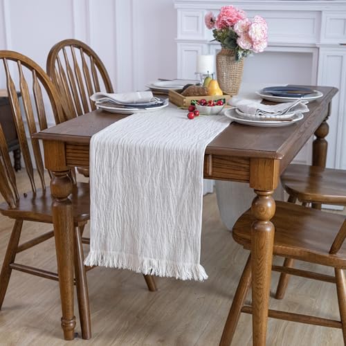 Simple&Opulence Linen Cotton Table Runner - 14 x 72 Inch, Farmhouse Linen Table Runner with Fringed Edges for Bohemian Rustic Wedding, Bridal Shower, Dinner （ Linen ） - size: 14"x72", style: Linen