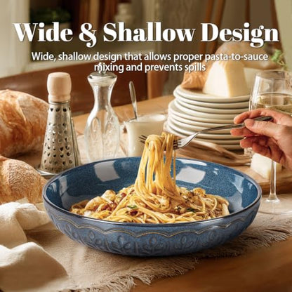 Pasta Bowls, 50oz Large Salad Serving Bowls, 9.75'' Plates Bowls Set of 4, Big Ceramic Soup Bowls for Kitchen, Embossment Shallow Dinner Bowl, Microwave Dishwasher Safe, Wheat Leaf, Blue - color: Blue (Wheat Leaf)