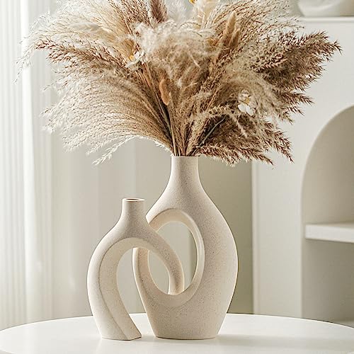 Lvases Snuggle Hollow Ceramic Vase Set of 2 for Boho Nordic Modern Decor | Round Mid Century Aesthetic Decorative Vases for Home Decor Living Room Kitchen Book Shelf Decorations (Cream W 6.8" X H 11") - color: Extra Large Cream White