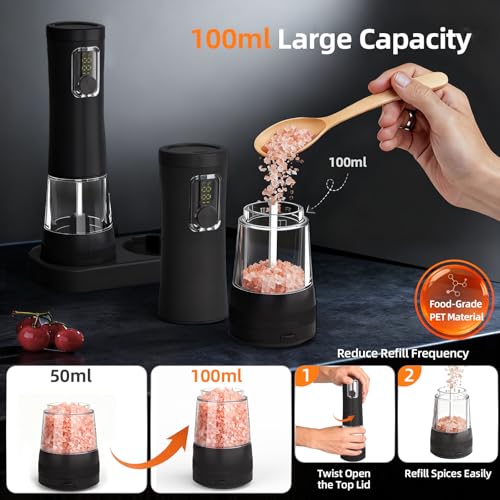 Electric Salt and Pepper Grinder, Rechargeable Automatic Pepper Mill with Base,5-Level Adjustable Coarseness, Display, LED Lighting, Large Capacity-Ideal for Kitchen, BBQ Gifts (1, Black-A) - color: Black-A