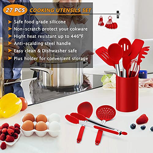 LIANYU 27 PCS Kitchen Utensils Set with Holder, Silicone Cooking Utensils Spatula Set with Stainless Steel Handle, Kitchen Cooking Gadgets Tools for Nonstick Cookware Set, Heat Resistant, Red - color: Red
