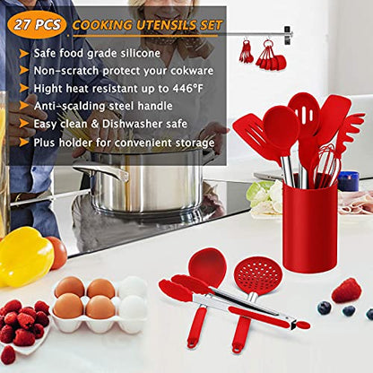 LIANYU 27 PCS Kitchen Utensils Set with Holder, Silicone Cooking Utensils Spatula Set with Stainless Steel Handle, Kitchen Cooking Gadgets Tools for Nonstick Cookware Set, Heat Resistant, Red - color: Red