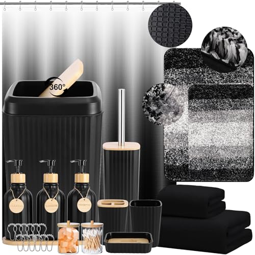 34PCS Bathroom Accessories Set with Shower Curtain,Rugs,Bath Towel,Trash Can,3PCS Lotion Soap Dispenser,Toothbrush Holder,Soap Dish,Tumbler Cup,6PCS Wood Tags Bath Accessories with Tray for Bathroom - size: Bath Set+Shower Curtain+Bath Rugs+Bath Towel, st