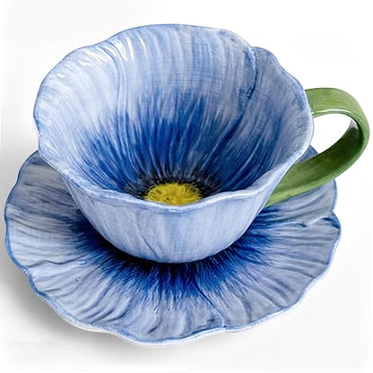 10 oz Tea Cups and Saucers, Ceramic Flower-shaped Cappuccino Cup, Latte Cup and Saucer set, elegant floral Espresso Cup set, Suitable for microwave and dishwasher-Blue - color: Blue