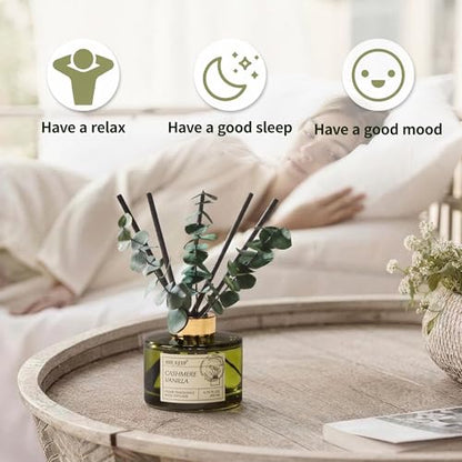 Reed Diffuser Set with 6.76 fl oz Cashmere Vanilla Scent Essential Oils and 3 Leaves & 8 Diffuser Sticks,Bathroom Shelf Decor & Air Freshener, House Bedroom Office Decor & Gifts - size: 6.76 Ounce/1 pack