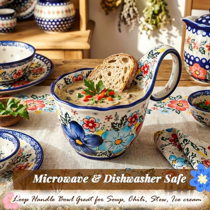 LemonRoad 2 Pack 15 oz Ceramic Soup Bowls with Handle,Roman Garden | Handpainted Decorative Soup Mug, Microwave & Dishwasher Safe, Loop Handle, for Fruit Chili Stew Ice Cream, Gift