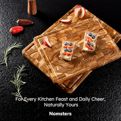 Teak Wood End Grain Cutting Board Set of 2 with Non-slip Feet, Reversible Cutting Boards for Kitchen with Juice Grooves and Handles Non Toxic Chopping Board Butcher Block Serving Tray Kitchen Gift - size: Multiple Sizes (Set of 2)