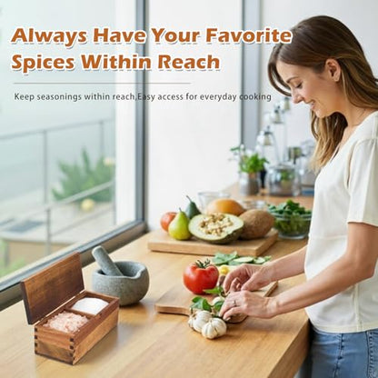 Acacia Wood Salt Cellar Spice Box with Magnetic Lid 29oz Large Capacity Salt Organizer 2 Compartments for Kitchen Countertop, Pepper, Seasonings, Spices, Grilling & Cooking - color: Acacia Wood, style: 2 Compartments
