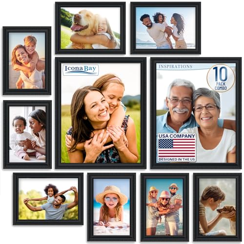 Collage Picture Frames Set, Black, 10 Pack, Five 4x6, Three 5x7, Two 8x10 | Icona Bay - Assorted Multi-Size Photo Frames - Contemporary Wall Decor - Scalloped Edge - Durable - Real Glass Cover Sheet - color: Black, size: Five 4x6, Three 5x7, Two 8x10