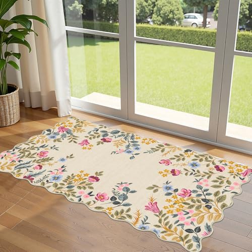 Front Door Mat Indoor Entrance - 2x4.3 Beige Colorful Floral Washable Layered Doormat Outdoor Entrance Porch Rug Non-Slip Boho Runner Rug for Kitchen Hallway Bedroom Laundry Room Porch Decor - color: Floral - Beige, size: 2' x 4'3" (Rectangular)