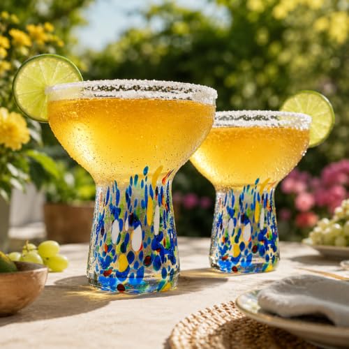 Large Stemless Hand Blown Confetti Margarita Glasses - 14 oz - Set of 2 | Colorful Artisan Glassware, Perfect for Margaritas, Martinis, Wine, Cocktails & Champagne, Great for Cinco de Mayo & Parties - style: Mexican Confetti Margarita Glass