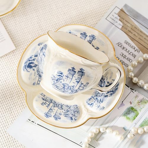 KAMMAK Tea Cups and Saucers Set of 2, 8 oz Porcelain Coffee Cups, SY001 | Stackable Espresso Mugs, Ceramic Demitasse for Coffee, Cappuccino, Latte, Americano, Tea - size: 8CZSY001