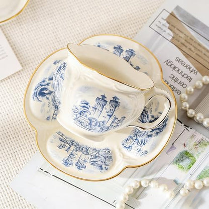 KAMMAK Tea Cups and Saucers Set of 2, 8 oz Porcelain Coffee Cups, SY001 | Stackable Espresso Mugs, Ceramic Demitasse for Coffee, Cappuccino, Latte, Americano, Tea - size: 8CZSY001