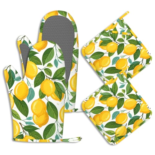 Yellow Lemon Pot Holders and Oven Mitts Set Silicone Tropical Summer Fruit Kitchen Gloves Potholders Heat Resistant Washable,Chef Cooking Baking Gifts for Women Men Bakers Lover Cooks - color: Yellow Lemon,tropical Summer Fruit