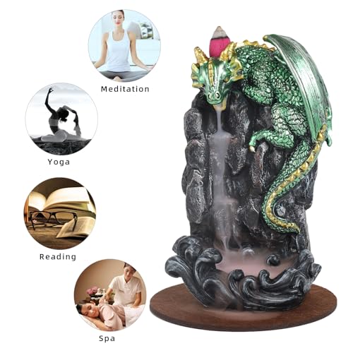 Dragon Backflow Incense Holder Waterfall Incense Burner, with 100 Backflow Incense Cones,1 Mat,1 Tweezers，Aromatherapy Ornamental for Home Office Yoga （Green Dragon） - color: Green