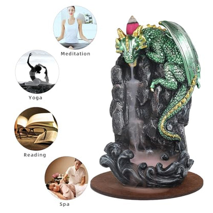 Dragon Backflow Incense Holder Waterfall Incense Burner, with 100 Backflow Incense Cones,1 Mat,1 Tweezers，Aromatherapy Ornamental for Home Office Yoga （Green Dragon） - color: Green