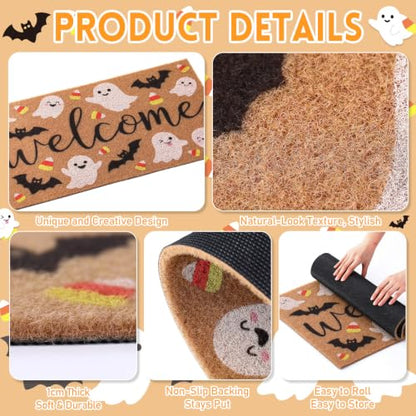 Halloween Welcome Doormat, 16.5x30in Faux Coir Welcome Door Mat | Non Slip Backing, Washable and Reusable, Quick Drying, Bat Ghost Candy Pattern, Halloween Decor, Indoor Outdoor Porch Use - style: Halloween