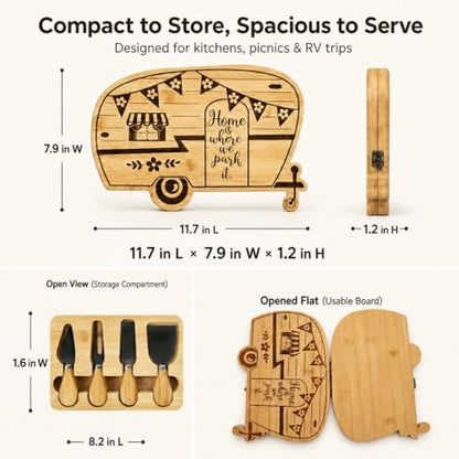 Foldable RV Charcuterie Board Set - Bamboo Cutting Board & Serving Tray | House Warming Gifts New Home, Happy Camper Decor - Birthday, Wedding, Bridal Shower Gifts for Women & Couples