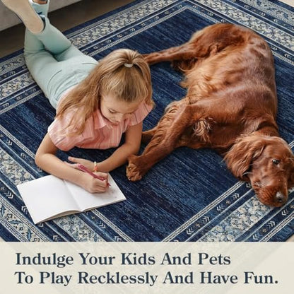 8x10 Area Rugs for Living Room, Machine Washable Area Rug for Bedroom, Modern Solid Rug with Non Slip Backing, Stain Resistant Non Shedding Bordered Carpet for Dining Room, Kids Room, Blue | Modern Solid Non Slip Backing Neutral Border Stain Resistant Non
