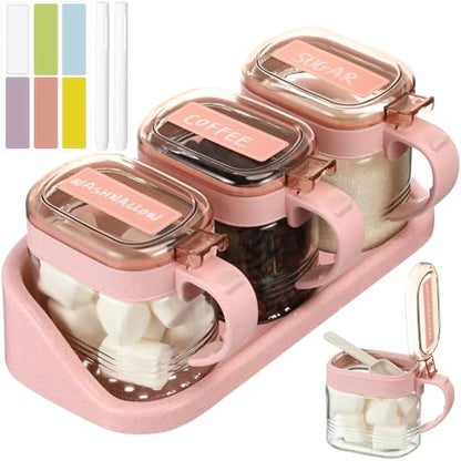 3 Pcs Sugar Coffee Container Set 16 oz Glass Condiment Jar Spice Container Coffee Station Organizer Set with Label Stickers Scoop for Bean and Sugar Candy, Oats, Nuts(Pink) - color: Pink