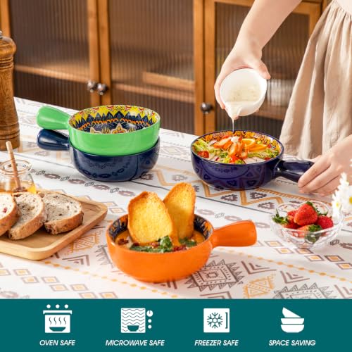 vancasso KRVI French Onion Soup Bowls, 23 Oz Porcelain, Set of 4 | Bohemian Porcelain Soup Bowls with Handles for Onion Soup, Chili, Cereal and Stew, 6.2 inch,Microwave and Dishwasher Safe