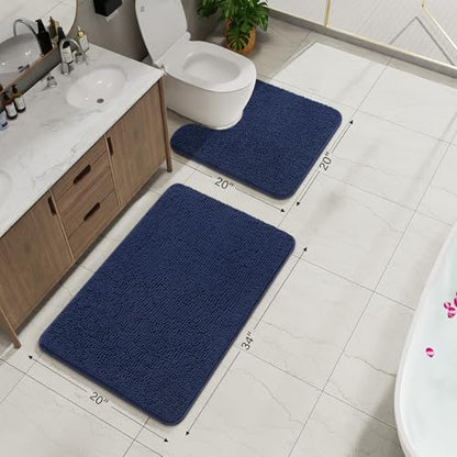 Bathroom Rug Sets 2 Piece, 20"x20" U-Shaped & 21"×34", Navy Blue | Toilet Mat Non Slip Bath Mats Floor Set, Washable Bath Rug Set, Absorbent Soft Bathroom Rug - color: Navy Blue