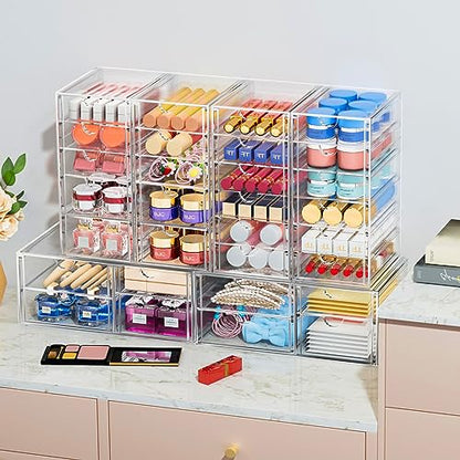 Acrylic 2-Pack 7-Drawer Makeup & Storage Organizer for Bath,Desk | Smooth-glide drawers, clear body, dustproof, wipe clean, for office supplies, pens, rings, earrings, tweezers, cotton swabs - size: 7 Drawers