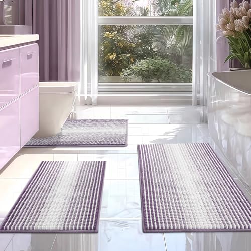 Bathroom Rugs Sets 3 Piece, Toilet Rugs U-Shaped Contour Bath Mat Set, Striped Absorbent Non Slip Chenille Shower Mat, Lavender Purple - color: Lavender Purple, size: 20"x32"+16"x24"+U Shape 20"x24"