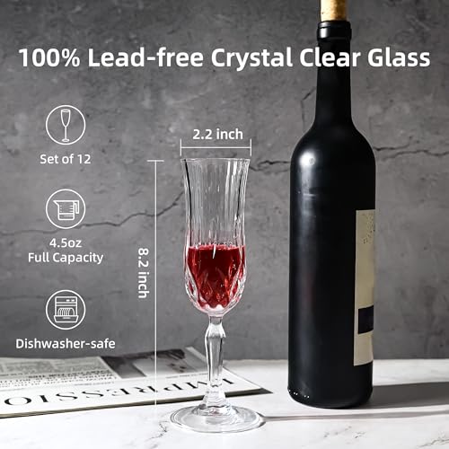 4.4Oz Vintage Champagne Glasses Set of 12 Crystal Dishwasher Safe | Elegant goblet glassware for wine, whiskey & liqueur — ideal for Valentine’s, weddings & anniversaries