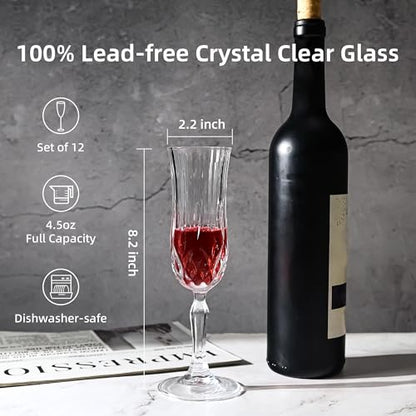 4.4Oz Vintage Champagne Glasses Set of 12 Crystal Dishwasher Safe | Elegant goblet glassware for wine, whiskey & liqueur — ideal for Valentine’s, weddings & anniversaries