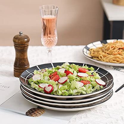 AHX Dinner Plates Ceramic Plate Set - 10 Inch Large Porcelain Round Plate Sets of 6 - Flat Modern Black Pattern Dining Plates for Kitchen | Family - Dishwasher | Microwave | Oven Safe - size: 10 inch