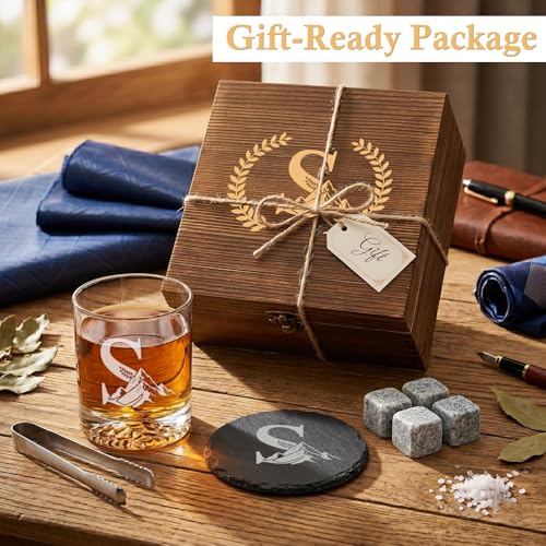 Personalized Whiskey Glass Gift Set for Men – Monogrammed Initial Rocks Glass with Slate Coaster, Wooden Box & Whiskey Stones, Birthday Father's Day for Him Dad Husband (S)