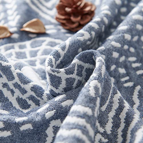 jinchan 100% Cotton Muslin Blanket Twin Boho Throw Blanket 60x80 Blue Gray | 3-Layer, Tribal Geometric Quilt, Cooling Breathable Lightweight, for Adult, Soft, Reversible, Couch, Sofa, Bedroom, Coverlet - color: A. Boho Blue, size: 60"x80"