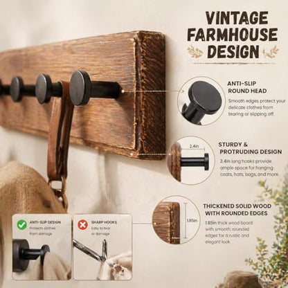 POZEAN Wooden Coat Rack Wall Mount, 2 Pack Wall Mounted Coat Hangers with 5 Smooth Round Hooks, Space Saving Organizer for Entryway,Bathroom, Clothes, Jackets, Hats, Keys(‎Brown Plate & Black Hooks)