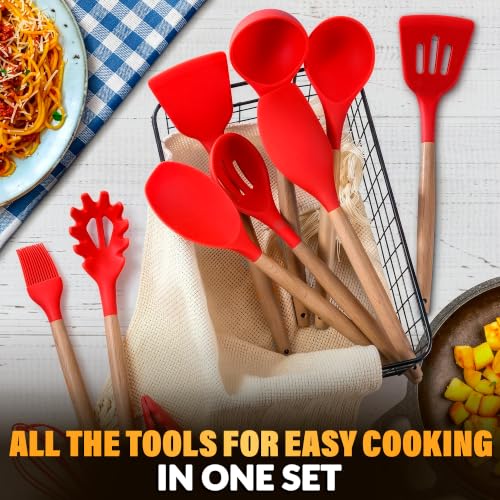 12 Pcs Red Kitchen Utensils Set with Holder – Versatile Silicone Utensils Set for Cooking and Baking, Gentle on Pots and Pans, Heat-Resistant, Stylish, Easy to Clean, Red Kitchen Accessories - color: Red