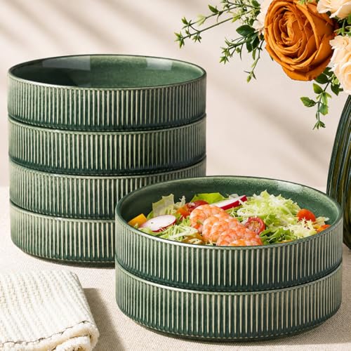 GBhome 7.5 Inch Pasta Bowls Set of 6, Ceramic Salad Bowls, Dark Green | Double Reactive Glaze Bowls for Pasta, Noodles & Fruit, Scratch Resistant, Microwave & Dishwasher Safe - color: Dark Green, size: Set of 6