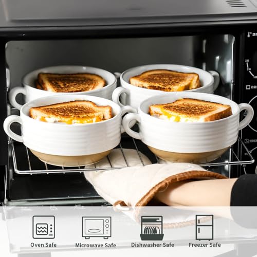 HASENSE Ceramic Soup Bowls with Handles Set of 2, 20 Oz French Onion Soup Crocks, Stackable Serving Bowls for Chili, Stew, Cereal & Pasta, Microwave Dishwasher Safe, White - color: White, size: Set of 2