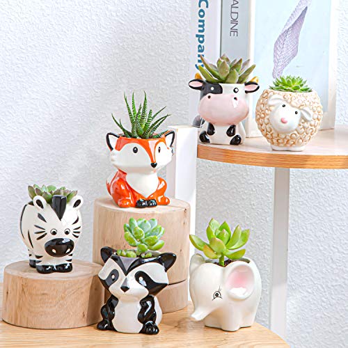 Cute Succulent Planter, Succulent Pots with Drainage Hole Flower Plant Pot | Cartoon Ceramic Tiny Pot for Indoor Mini Flower Planters Cactus Container Set of 6 - color: Elephant/Panda/Fox/Cow/Sheep/Zebra