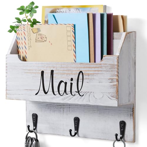 DRASTAR Mail Organizer Wall Mounted, Wooden Mail & Key Holder for Wall, Hanging Mail Organizer, Retro White Mail Basket for Home Office - color: Retro White, size: Large