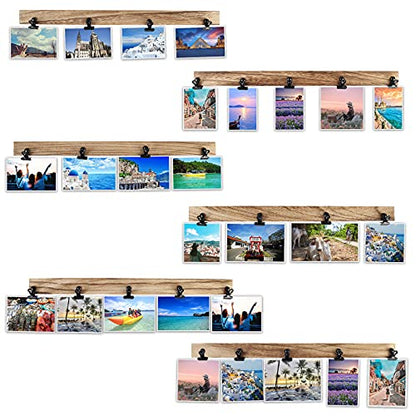 6 Wooden Wall Hanging Photo Frames With 27 Clips, Decorative Collage Picture Frame, No Drilling Required, Adhesive Stickers, Easy to Install, Carbonized Brown - color: Brown