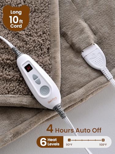 Bearhug Electric Blanket Throw Size, 50" x 60" Heated Blanket with 6 Heating Levels & 4H Auto Shut-Off, Machine Washable Soft Velvet to Sherpa Reversible Heated Throw for Office, Couch and Sofa Taupe - color: Taupe-velvet & Sherpa, size: Throw 50" × 60"