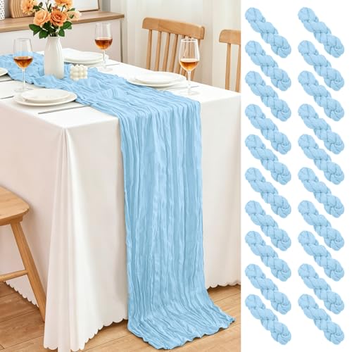 20 Pack Light Blue Cheesecloth Table Runner, 17x108 Inch Semi Sheer Boho Gauze Cheese Cloth Fabric Table Runners for Wedding Party Baby Shower Birthday Garden Farmhouse Table Decor - color: Light Blue, size: 20 Pack