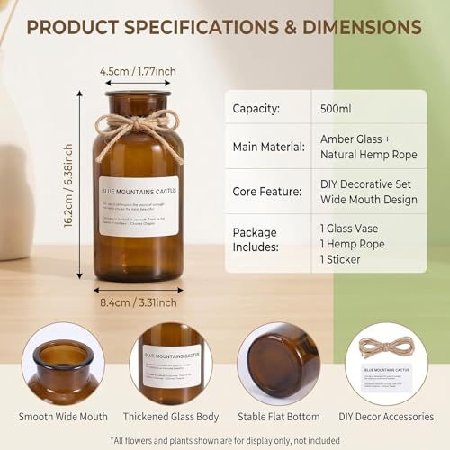 6.38 Inch 17oz Clear Glass Vase, Wide Mouth Flower Vase with Hemp Rope | Thickened Glass Body, Natural Hemp Rope, Smooth Wide Mouth, Stable Base, DIY Sticker Included, 2 Color Options - color: Amber